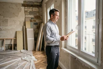 Architecte inspectant les nouvelles fenêtres à double vitrage dans un appartement ancien en cours de rénovation énergétique