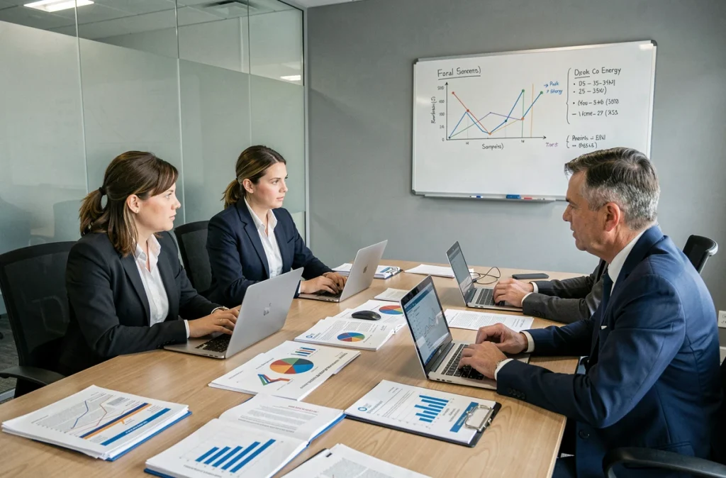 Élus et responsables de collectivités locales en réunion pour analyser la rentabilité d'un projet de co-énergie renouvelable