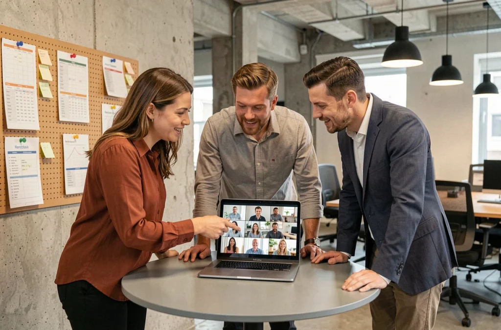 Équipe en réunion hybride dans un espace collaboratif de bureau avec visioconférence et collègues en télétravail à l'écran