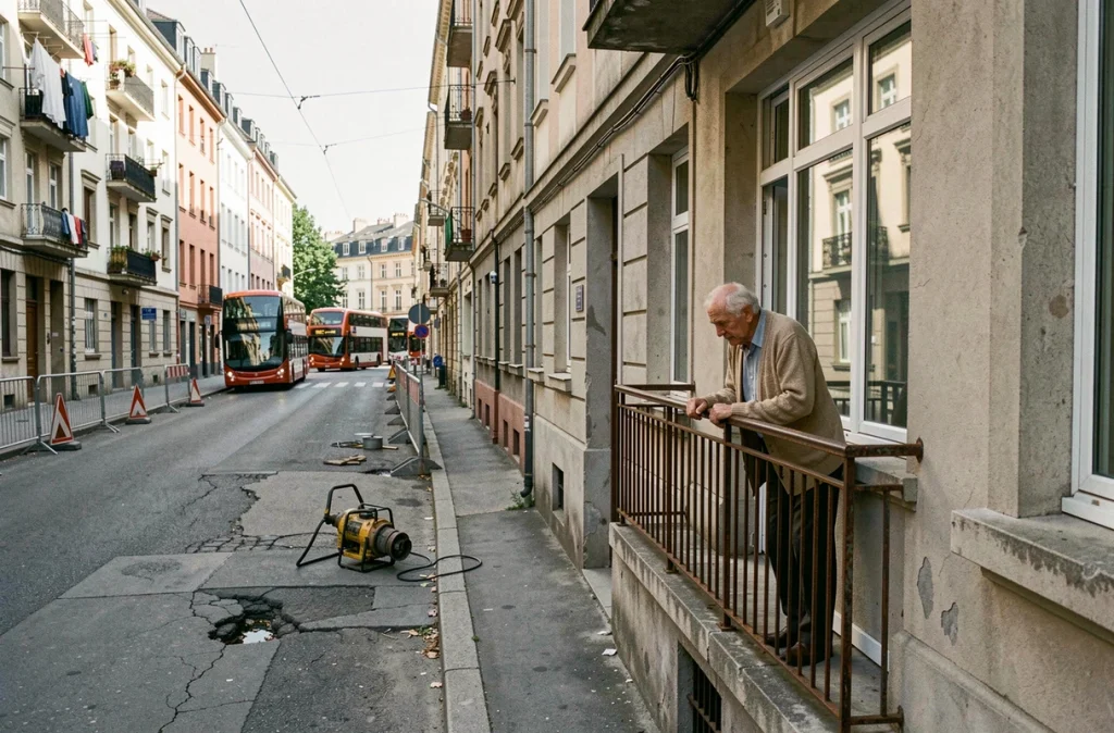 Rue urbaine bruyante avec chantier et habitant âgé sur son balcon subissant les nuisances sonores