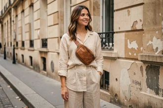Jeune femme portant un sac banane en cuir tan en bandoulière dans une rue parisienne pavée