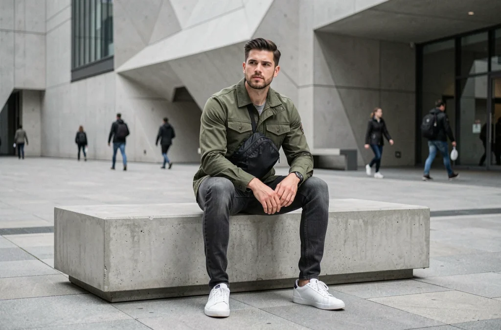 Homme en veste utility portant un sac banane noir en nylon dans une place urbaine moderne