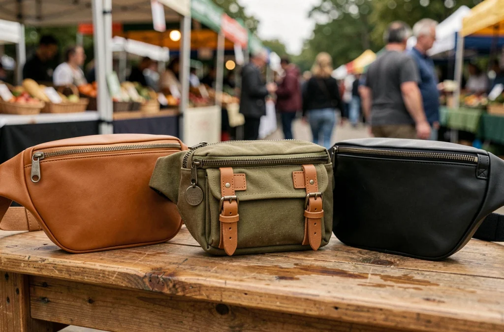 Trois sacs banane tendance exposés sur une table en bois dans un marché urbain en plein air