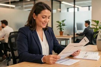 Salariée en entreprise consultant des documents d'épargne salariale à son bureau dans un open space moderne