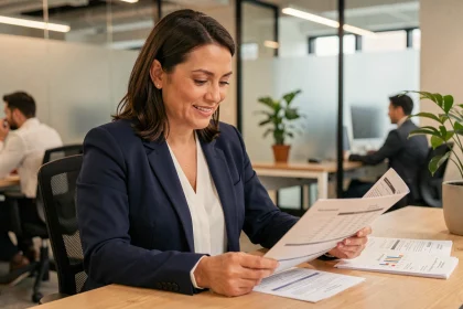 Salariée en entreprise consultant des documents d'épargne salariale à son bureau dans un open space moderne