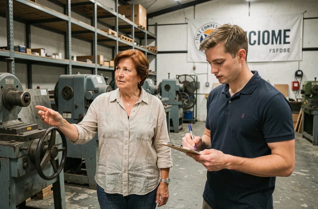 Dirigeante transmettant son savoir-faire à son successeur dans l'atelier de production d'une entreprise familiale