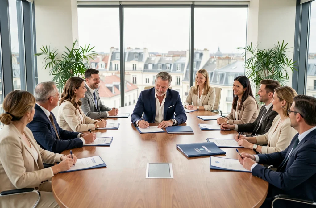 Dirigeant local signant un accord de mécénat d'entreprise entouré de représentants associatifs dans une salle de conférence moderne