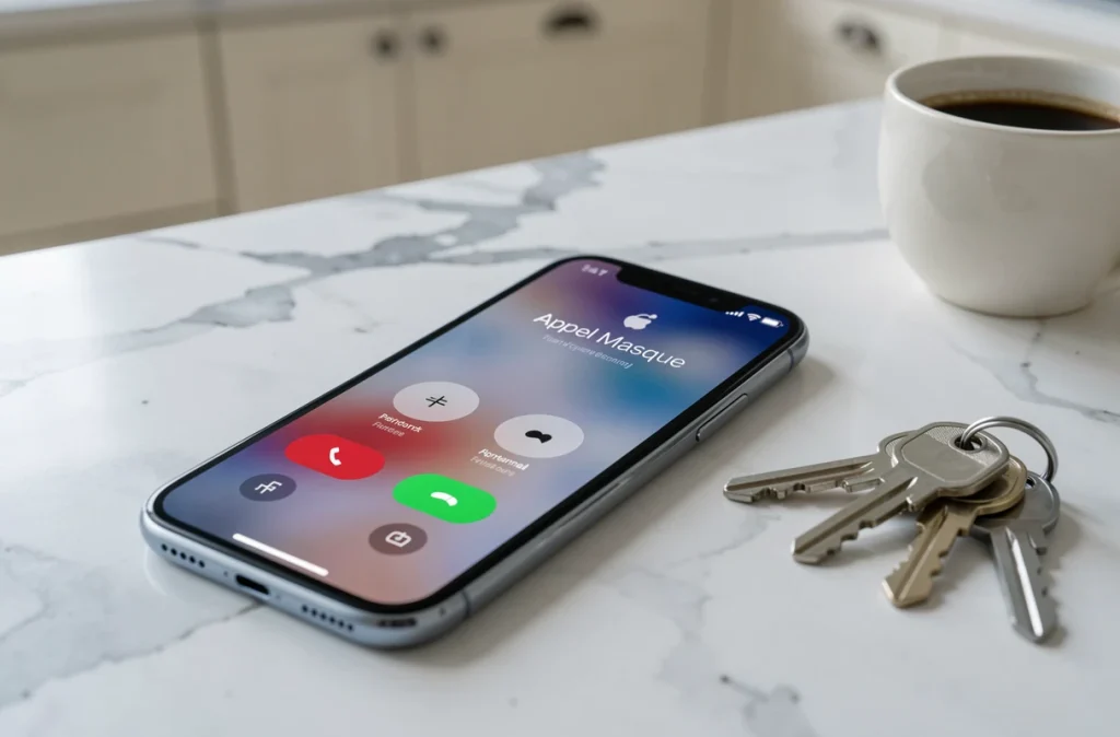 Gros plan d'un smartphone sur un comptoir de cuisine affichant un appel masqué