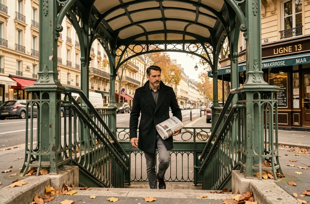 Homme sortant d'une bouche de métro ligne 13 avec architecture Art Nouveau et façades haussmanniennes en arrière-plan