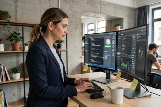 Jeune femme entrepreneur française travaillant sur des outils d'intelligence artificielle dans un open-space de start-up parisienne