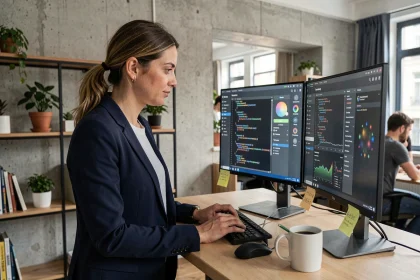 Jeune femme entrepreneur française travaillant sur des outils d'intelligence artificielle dans un open-space de start-up parisienne