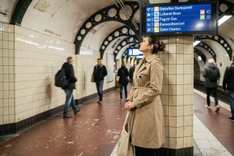 Femme élégante sur le quai d'une station du métro parisien ligne 13 avec carrelage vintage et panneau de destination