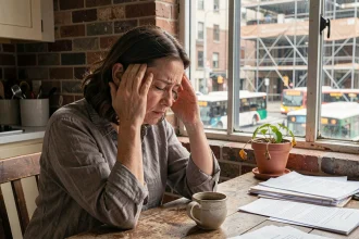 Femme stressée dans un appartement urbain souffrant des nuisances sonores de la ville