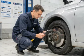 Technicien automobile effectuant un contrôle technique sur les freins d'une berline dans un centre de contrôle technique moderne en 2024