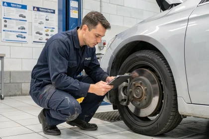 Technicien automobile effectuant un contrôle technique sur les freins d'une berline dans un centre de contrôle technique moderne en 2024