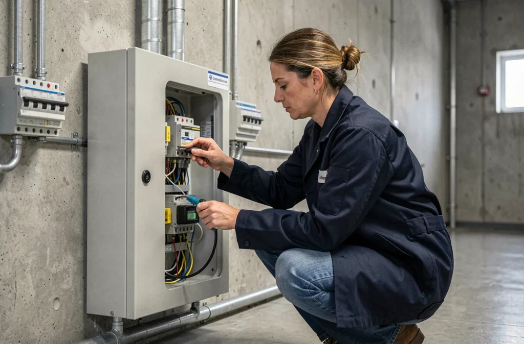 Technicienne inspectant un tableau de gestion énergétique dans une installation publique dans le cadre d'un projet de co-énergie collectivité