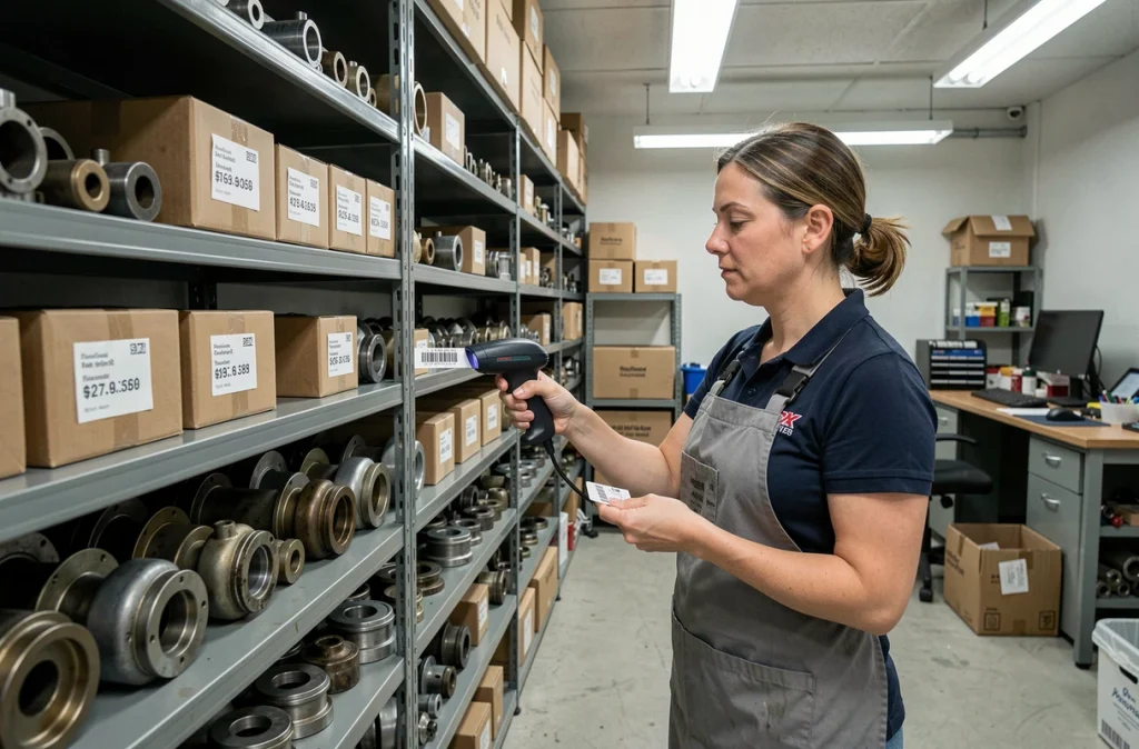 Technicienne en pièces détachées classant des composants reconditionnés dans une réserve d'atelier automobile
