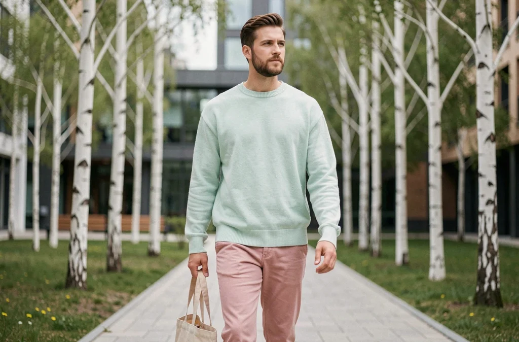 Homme en pull pastel vert menthe et pantalon rose poudré se promenant dans un parc urbain contemporain