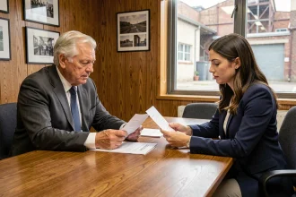 Père dirigeant et fille successeure discutant de la transmission d'entreprise familiale autour de documents financiers dans une salle de réunion