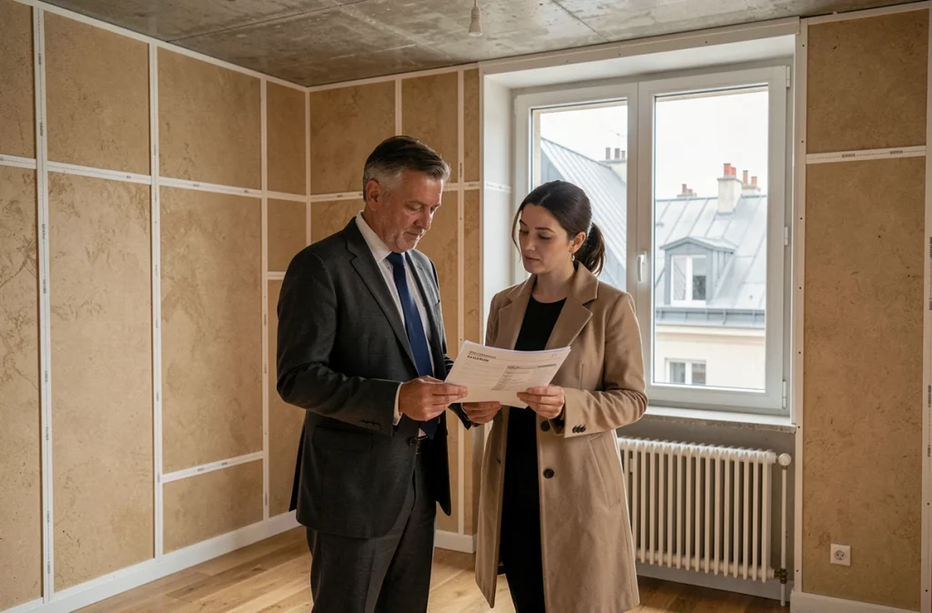 Agent immobilier et acquéreur discutant de la valorisation d'un appartement ancien après rénovation énergétique