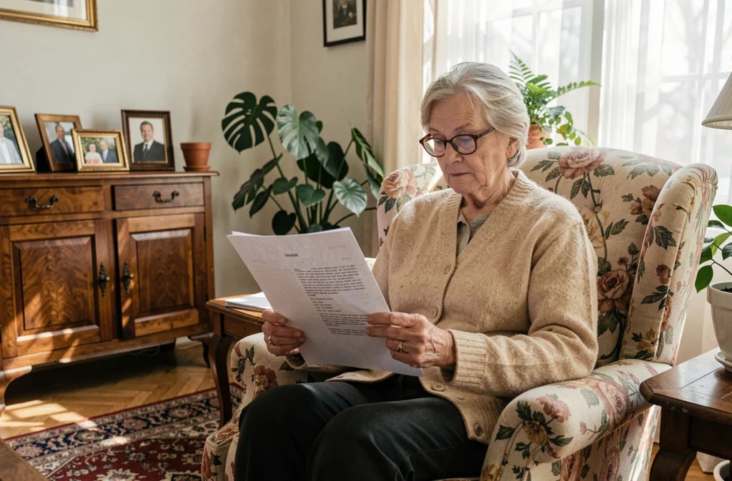 Une femme âgée examine un contrat de vente en viager dans son salon, illustrant le profil du vendeur