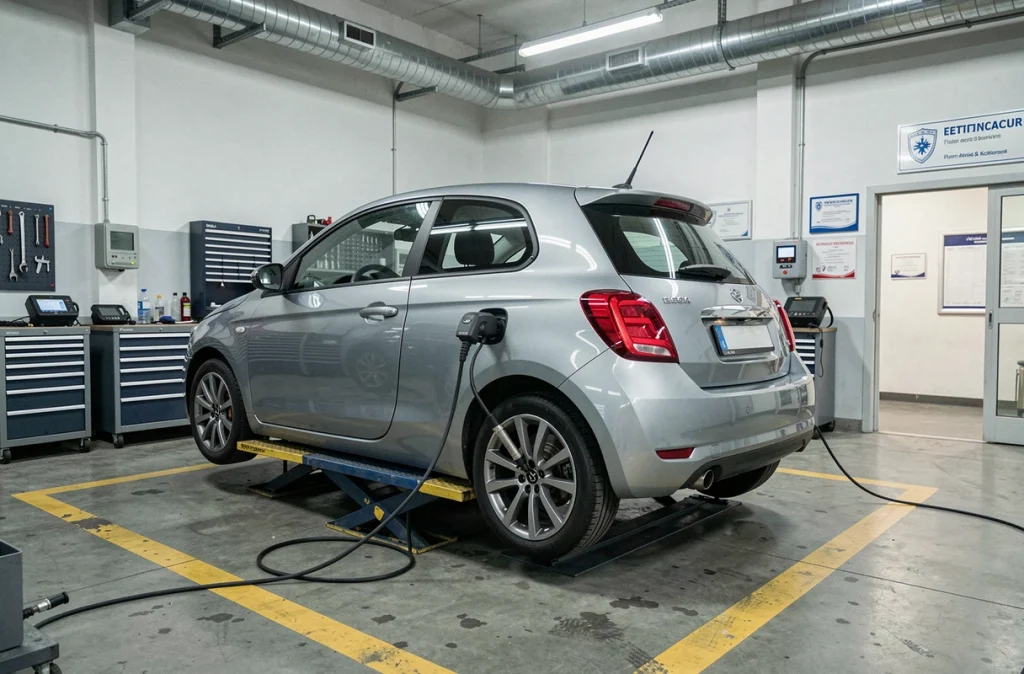 Voiture sur un pont élévateur lors d'un contrôle technique avec sonde d'émissions et diagnostic OBD connecté dans un garage agréé