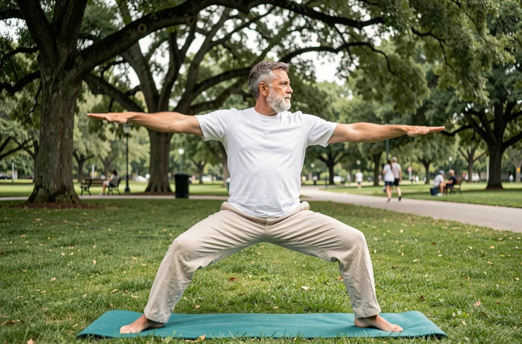 Homme pratiquant la pose du guerrier en yoga en plein air dans un parc verdoyant, activité bénéfique contre l'hypertension