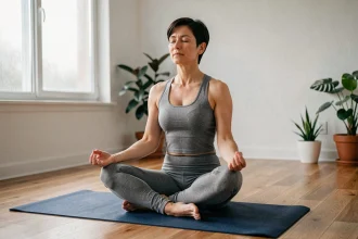 Femme de 45 ans pratiquant la méditation yoga en position assise dans un studio calme, pour réduire la tension artérielle