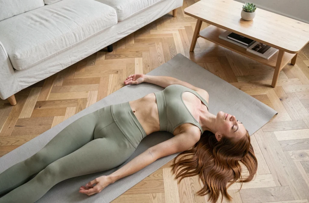 Femme en posture de relaxation Savasana sur tapis de yoga à la maison, pratique apaisante pour abaisser la pression artérielle