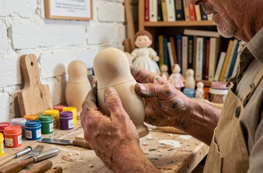 Artisan tenant une poupée matriochka non peinte en bois de tilleul pour vérifier la qualité de la sculpture artisanale