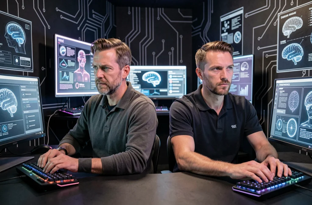 Deux joueurs expérimentés face à des interfaces futuristes dans la salle high-tech de B.R.A.I.N L'Escape Game à Rennes