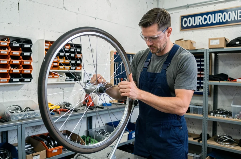 Mécanicien de Canalcycles à Courcouronnes en train de voiler une roue de vélo sur un gabarit de centrage