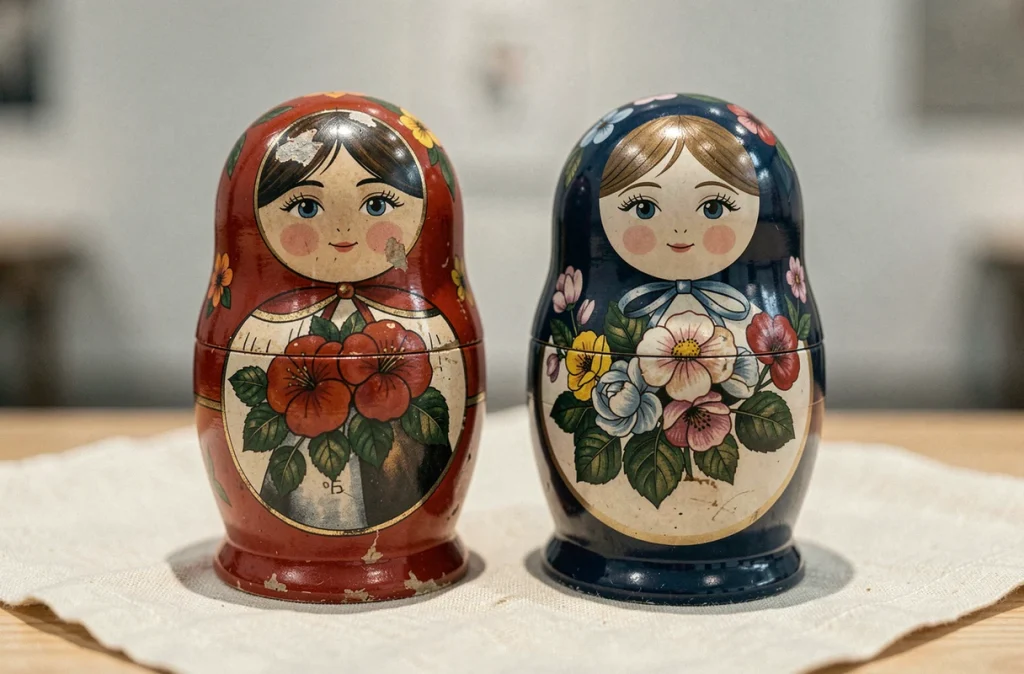 Comparaison entre une vraie poupée russe artisanale peinte à la main et une imitation industrielle posées côte à côte