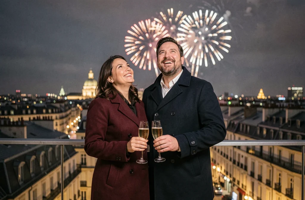 Couple célébrant le réveillon du Nouvel An 2026 sur un rooftop à Lyon avec feux d'artifice