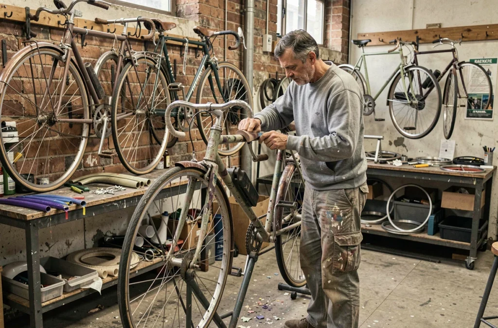 Restaurateur de Cycles et RE Cycle reconditionnant un vélo vintage dans un atelier de remise à neuf