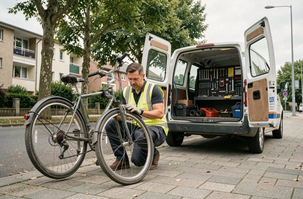 Technicien de Depanvelo réparant une crevaison de vélo sur un trottoir en Essonne avec son véhicule d'intervention