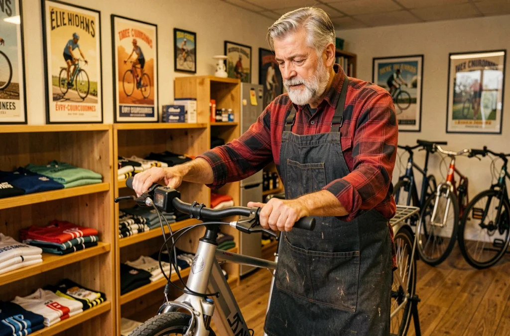 Propriétaire de Donguy Bike à Évry-Courcouronnes réglant le guidon d'un vélo urbain dans son magasin