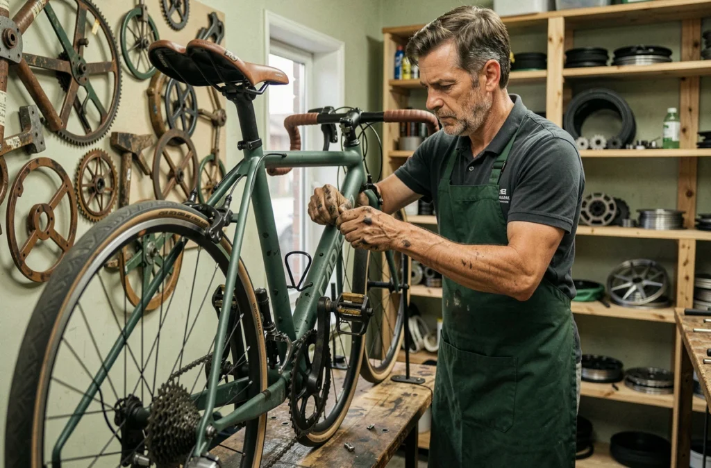 Mécanicien d'Ecoroute à Draveil réparant un vélo de route sur un pied d'atelier