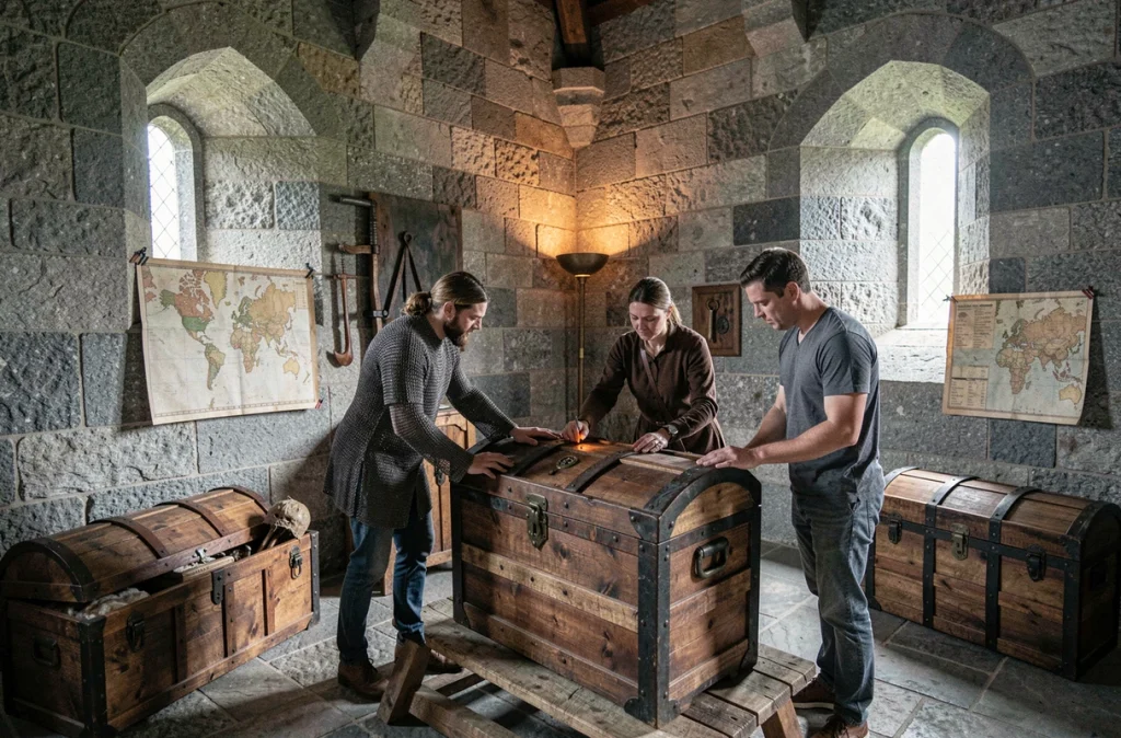 Joueurs adultes découvrant des énigmes dans les salles médiévales en granit de l'escape game au château de Brest