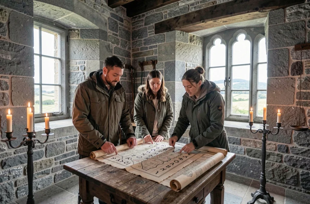 Groupe de joueurs résolvant des énigmes dans une salle en pierre authentique du château de Kergroadez dans le Finistère