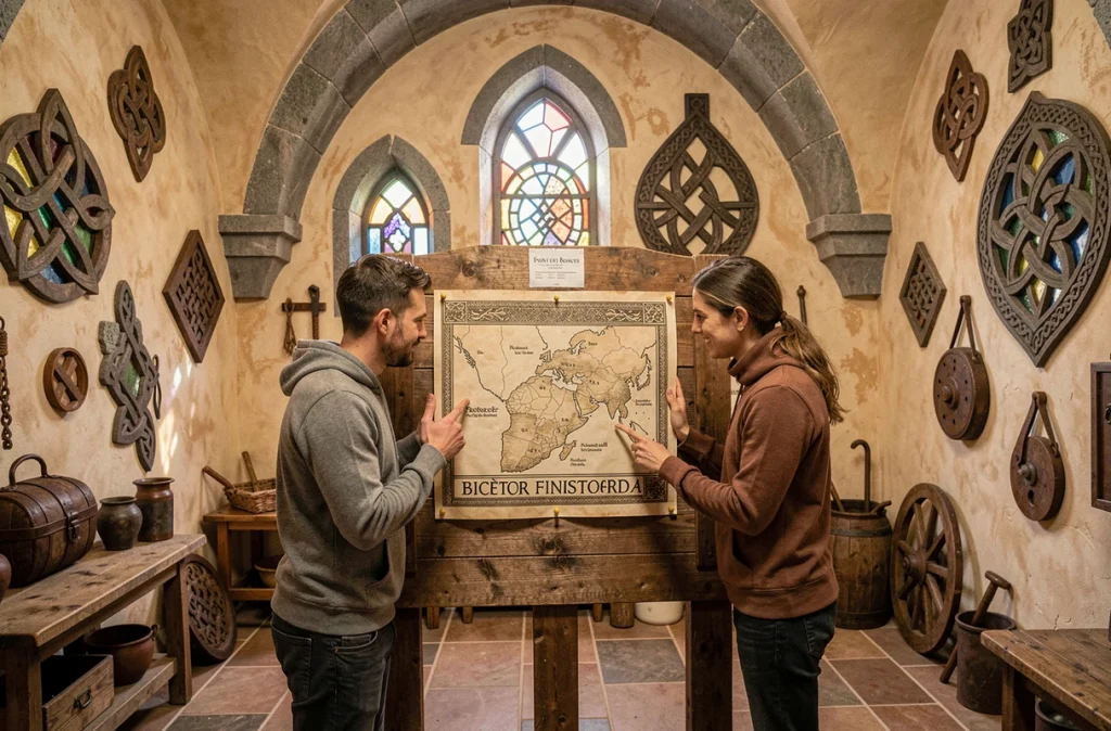 Deux joueurs étudiant une carte gravée dans une salle d'escape game inspirée du patrimoine finistérien à Quimper