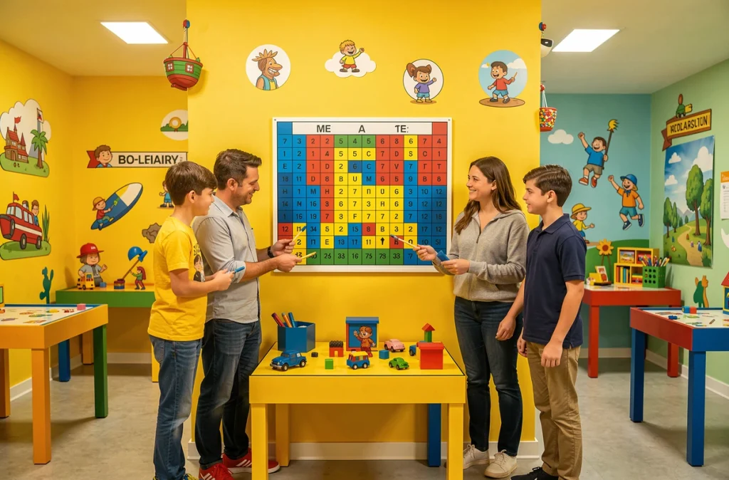Famille avec enfants résolvant ensemble un puzzle coloré dans la salle accessible d'Escape Yourself à Rennes