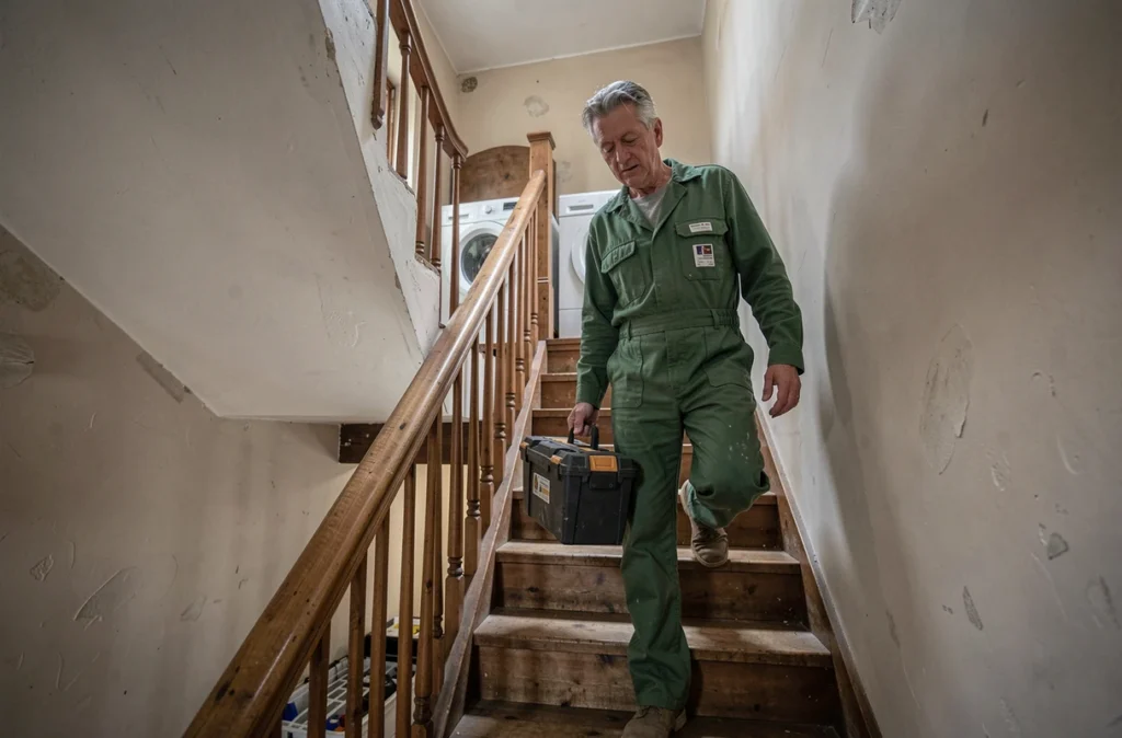 Technicien Eurl Lechevalier montant avec son outillage pour un dépannage à domicile dans le Doubs