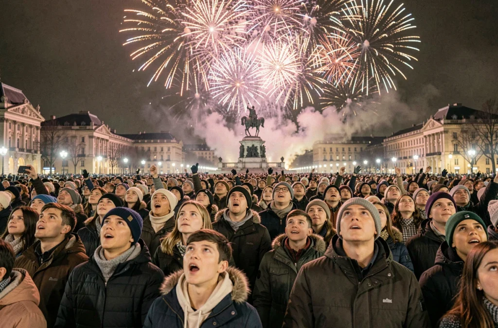 Foule réunie place Bellecour à Lyon pour le feu d'artifice du Nouvel An 2026