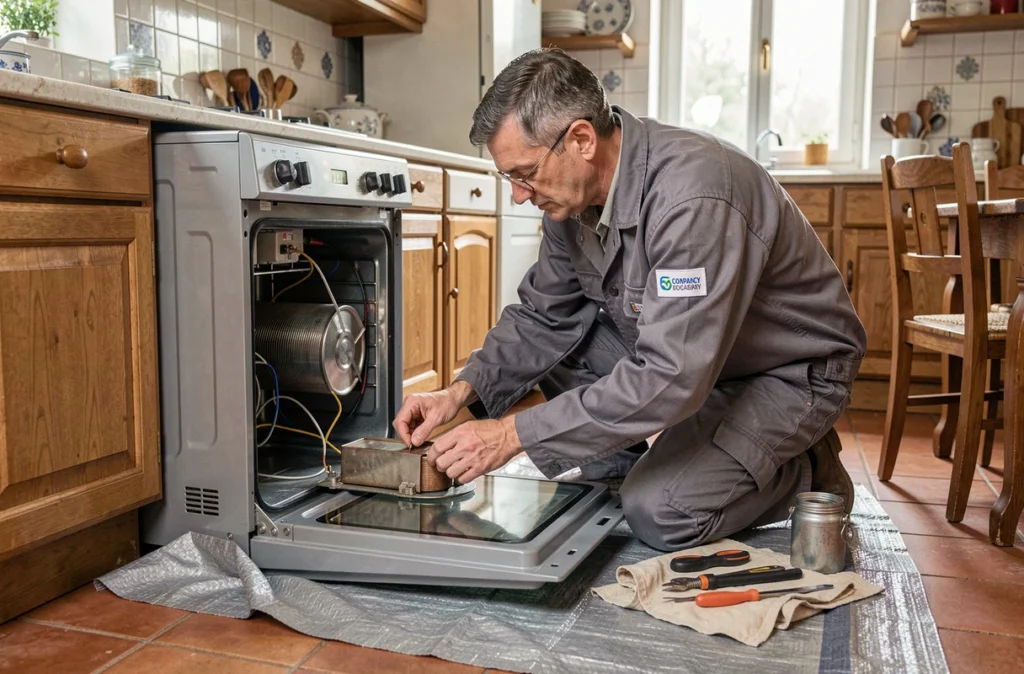 Technicien Gauthier Électricité remplaçant un élément chauffant dans un four à Besançon