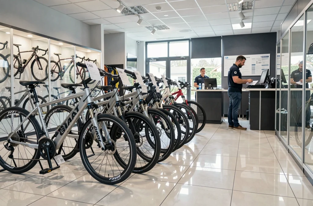 Showroom de Giant Cycles Saint Spire à Corbeil-Essonnes avec vélos neufs en exposition et comptoir de service