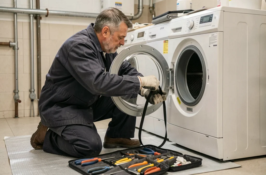 Expert Hess O Hess Dépannage Électro Ménager inspectant la courroie d'un sèche-linge à Besançon