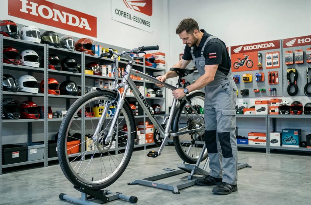 Technicien de Honda Dap 91 à Corbeil-Essonnes réparant un vélo dans l'atelier du concessionnaire
