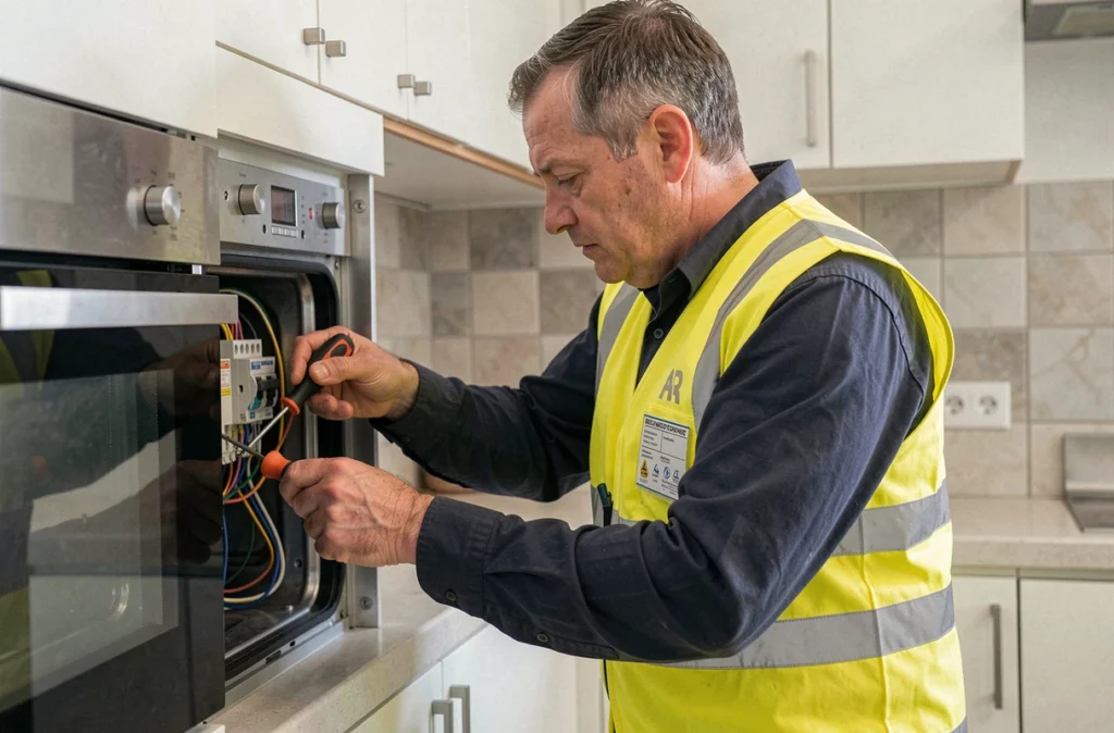 Technicien Lumi Elect vérifiant les connexions électriques d'un four encastrable à Besançon