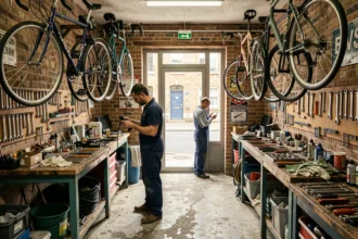 Atelier de réparation de vélos en Essonne avec mécaniciens au travail et vélos accrochés aux murs